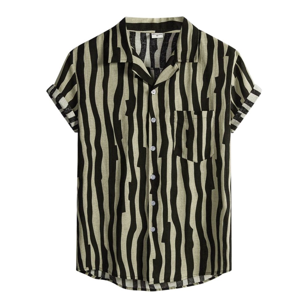 Retro Shirts for Men Button Up Short Sleeve 70S Vintage Stripes Dress Shirts Casual Summer Loose Fit Beach Tops Pocket