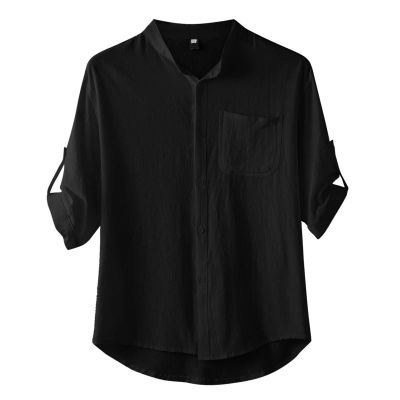 QWENTMTNTY Mens Button Down Shirt Cotton Linen Summer Rolled 3/4 Sleeve T-Shirts Regular Fit Solid Beach Work Casual Blouses Black