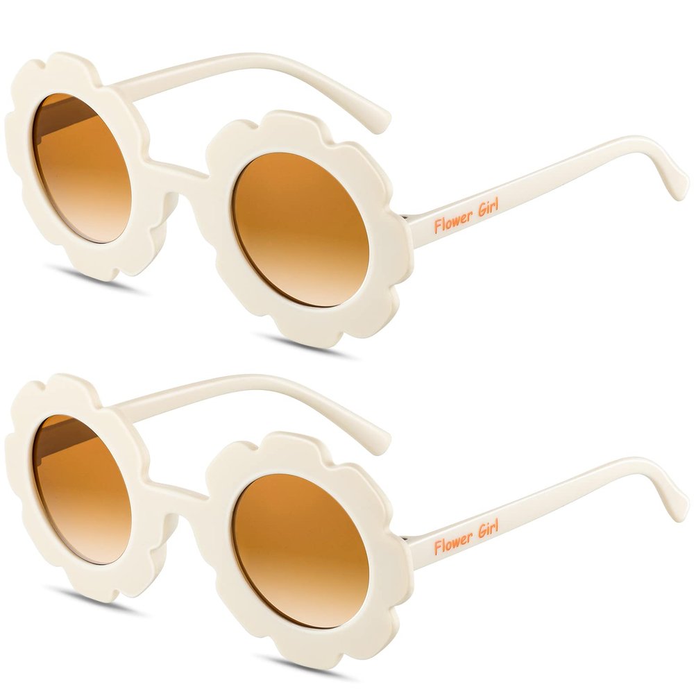 Landhoow 2 Pcs Kids Round Sunglasses - Flower Girl Proposal Gift Cute Glasses for Outdoor Beach Party (White, Flower)