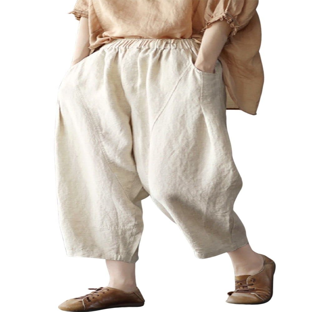 CHARTOU Women's Summer Elastic High Waist Linen Blend Loose Fit Harem Cropped Pants (X-Small, Apricot)