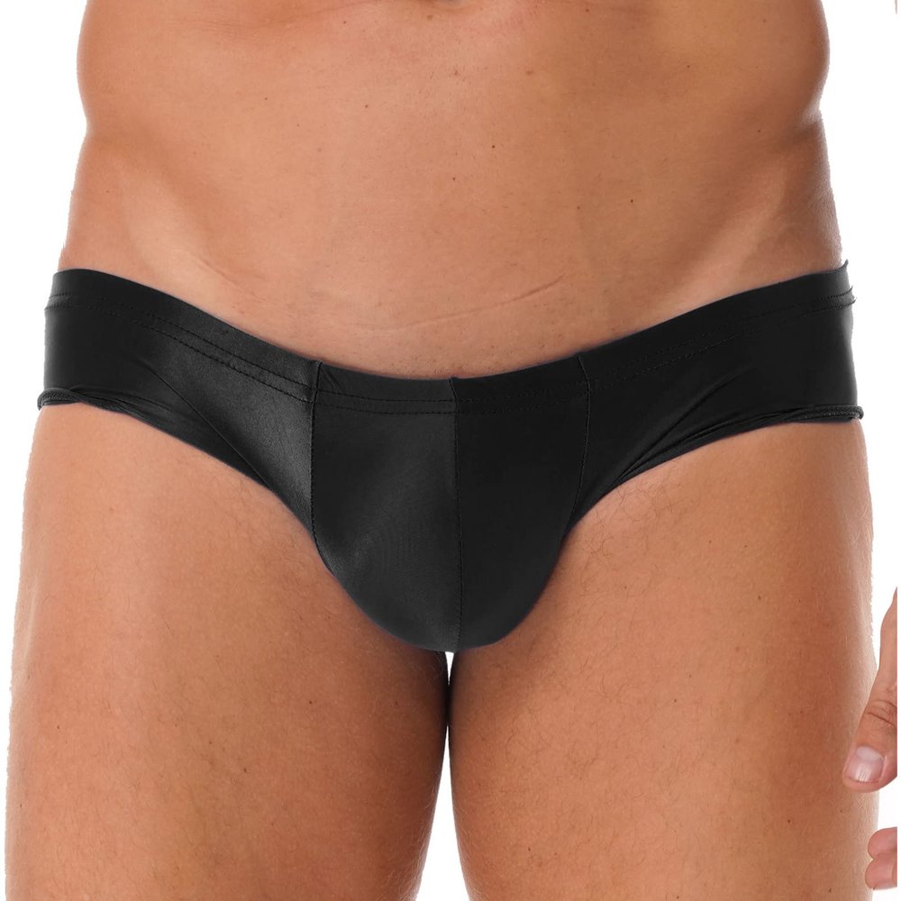 Hularka Men's Shiny Oil Low Rise Bikini Briefs Bulge Pouch Panties Seamless Swim Trunks Swimwear Black Medium