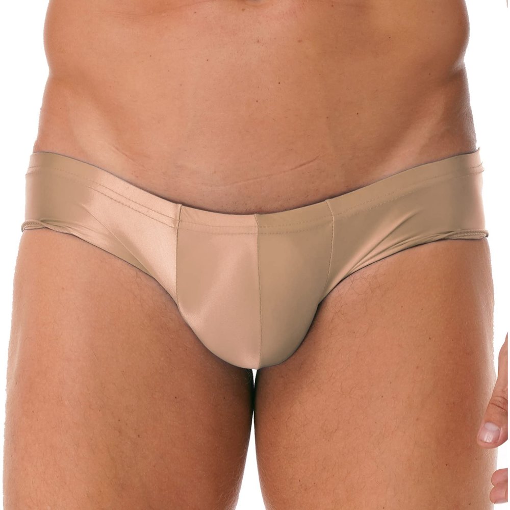 Hularka Men's Shiny Oil Low Rise Bikini Briefs Bulge Pouch Panties Seamless Swim Trunks Swimwear Coffee X-Large