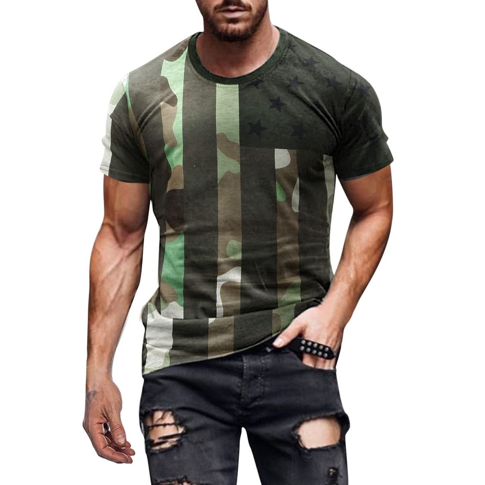 Mens Summer American Flag T Shirt Short Sleeve Slim Fit Camp Shirts Camouflage Print Soldier Workout Hiking Athletic Tees