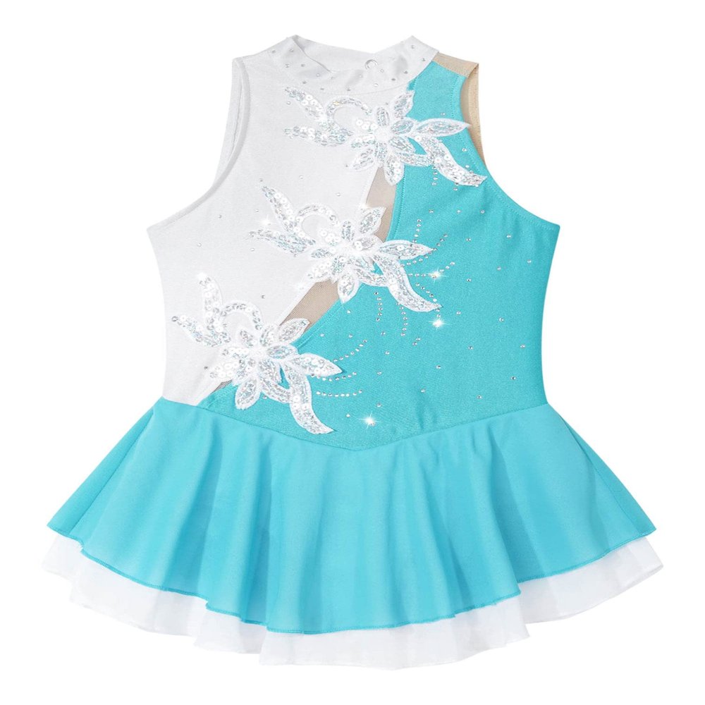 easyforever Kids Girls Long Sleeve Skirted Leotards Bodysuit Ballet Dance Dress Ballerina Figure Ice Skating Dress 005_Lake Green&White 8 Years