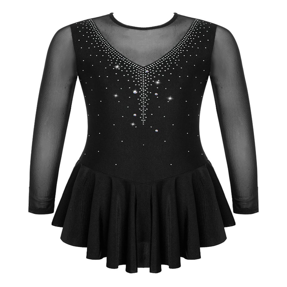 VernLan Big Girls Mock Neck Roller Ice Figure Skating Dress Dance wear Competiton Costume Gymnastic Leotard Skirt Shinny Black 8 Years