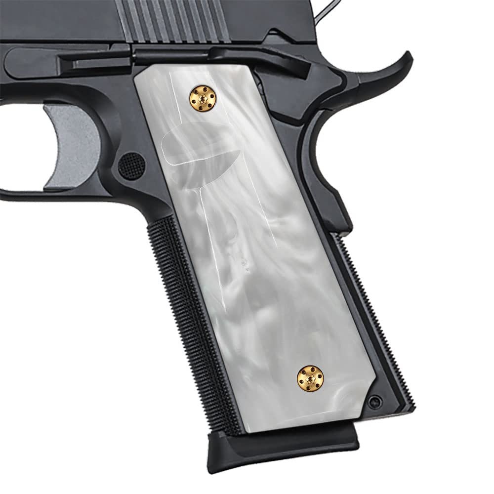 Cool Hand 1911 Grips, Full Size Government Commander, High Polished Synthetic White Pearl, Screws Included, Ambi Safety Cut