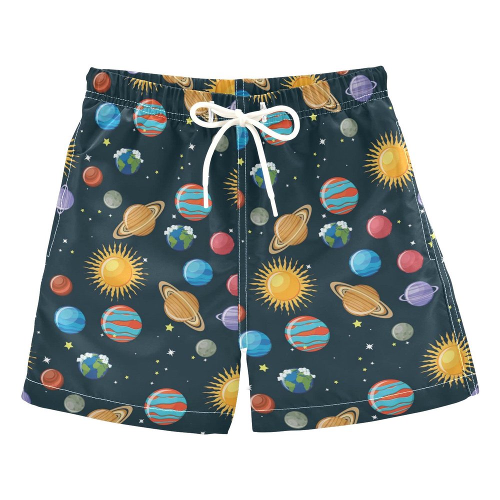 Solar System Planets Space Boys Swim Trunks Toddler Boy Swimsuit Quick Dry Boys Bathing Suits for Boys Adjustable Waist Beach Board Shorts for Kids, Black, 3T