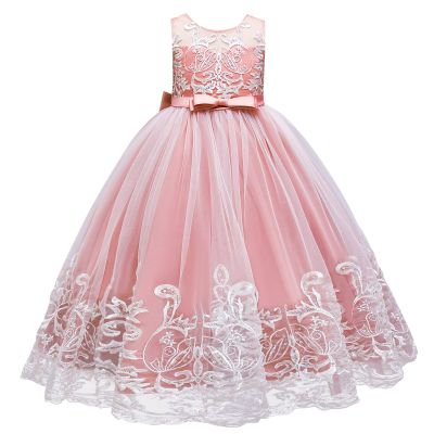 Flower Girl Lace Dress for Kids Wedding Bridesmaid Pageant Party Formal Long Maxi Gown Big Little Princess First Communion Birthday Dance Prom Sequins Bowknot Puffy Tulle Dresses Pink 9-10 Years