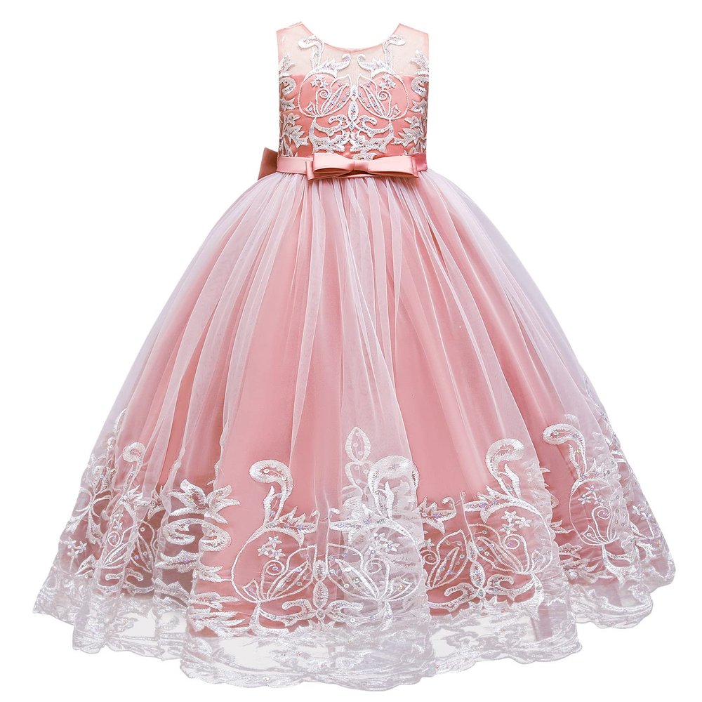 Flower Girl Lace Dress for Kids Wedding Bridesmaid Pageant Party Formal Long Maxi Gown Big Little Princess First Communion Birthday Dance Prom Sequins Bowknot Puffy Tulle Dresses Pink 9-10 Years