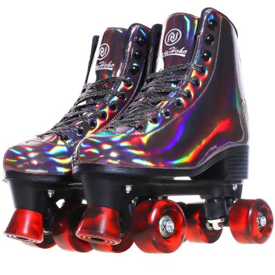 JajaHoho Roller Skates for Women and Men, Holographic High Top Classic Rollerskates, Shiny Double-Row Four Wheels Quad Skates for Girls, Age 8-50 Indoor & Outdoor (Size 6, Golden Black)