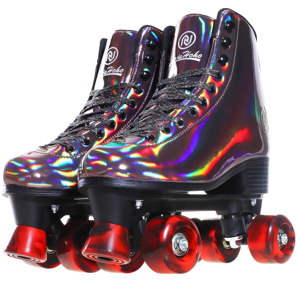 JajaHoho Roller Skates for Women and Men, Holographic High Top Classic Rollerskates, Shiny Double-Row Four Wheels Quad Skates for Girls, Age 8-50 Indoor & Outdoor (Size 5, Golden Black)