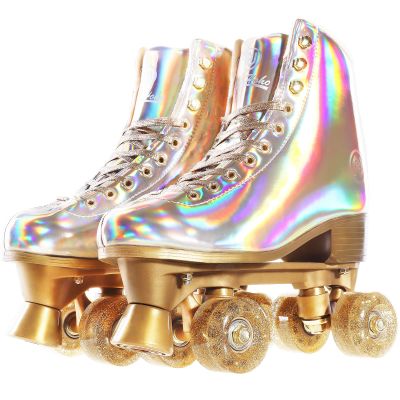 JajaHoho Roller Skates for Women, Holographic High Top PU Leather Rollerskates, Shiny Double-Row Four Wheels Quad Skates for Girls and Age 8-50 Indoor Outdoor (Size 6, Champagne Gold)