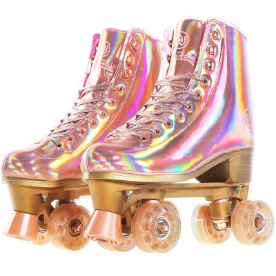 JajaHoho Roller Skates for Women, Holographic High Top PU Leather Rollerskates, Shiny Double-Row Four Pink Glitter Wheels Quad Skates for Girls and Age 8-50 Indoor Outdoor (Size 6, Rose Gold)