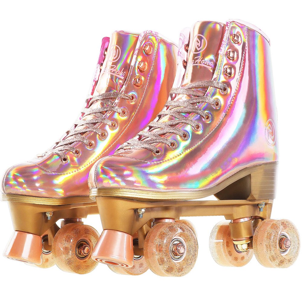 JajaHoho Roller Skates for Women, Holographic High Top PU Leather Rollerskates, Shiny Double-Row Four Pink Glitter Wheels Quad Skates for Girls and Age 8-50 Indoor Outdoor (Size 6, Rose Gold)