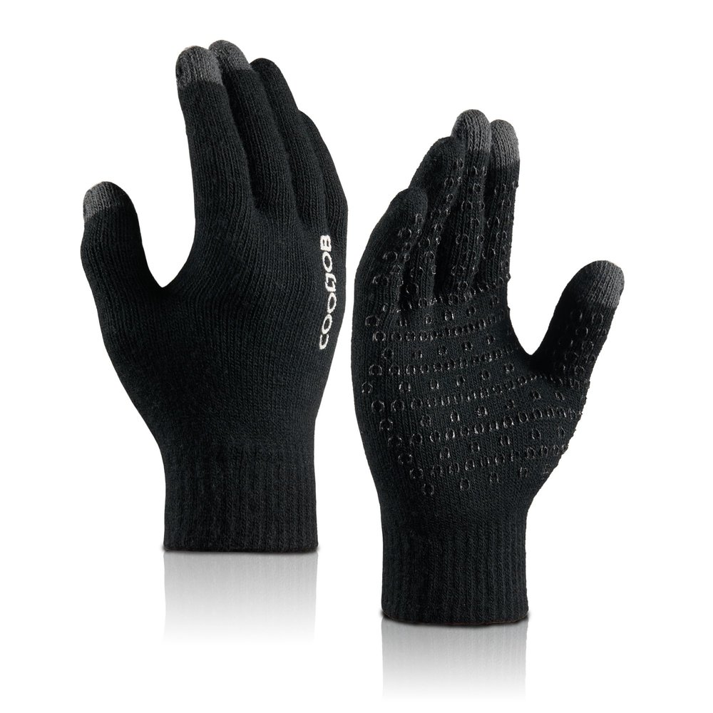 COOLJOB Warm Fleece Knit Winter Gloves for Men Women, Touch Screen Fingers, Non-slip Silicone Grip and Elastic Cuff (1 Pair S, Pure Black)
