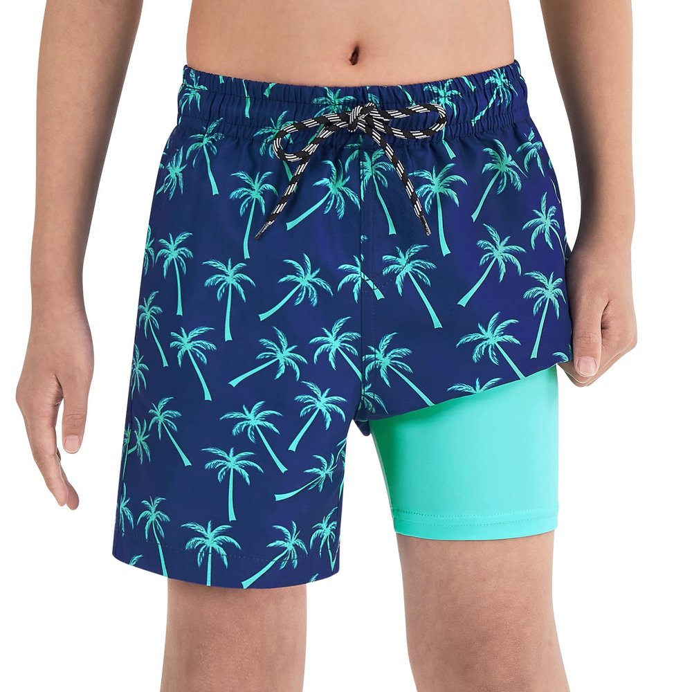 Cozople Teen Boys Swim Trunks with Compression LNER Novelty Palm Tree Graphic Bathing Suit Swimwear Stretchy No Chafe Swimming Beach Board Shorts for Casual Swimwear with Pockets