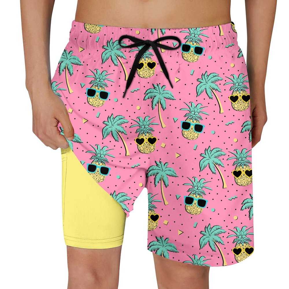 Cozople Boys Swim Trunks Size 8 Summer Quick Dry UPF50+ Beach Swim Shorts Funny Yellow Pineapple Bathing Suit Swimsuit with Stretchy Boxer Brief Liner Swimwear for Beachwear Size 7