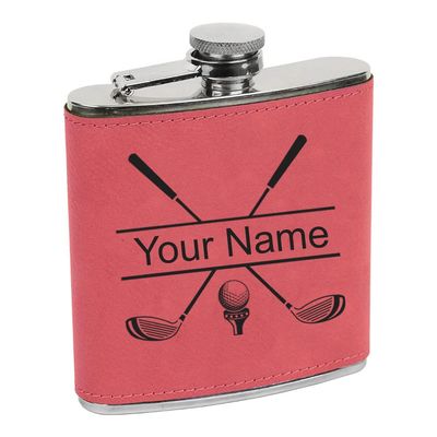 Personalized Golf Club Flask, Custom Golfing Birdie Juice Hip Faix Leather Leatherette Stainless Steel Metal Matte 6-Ounce Golf Bag Engraved Flask (Pink)