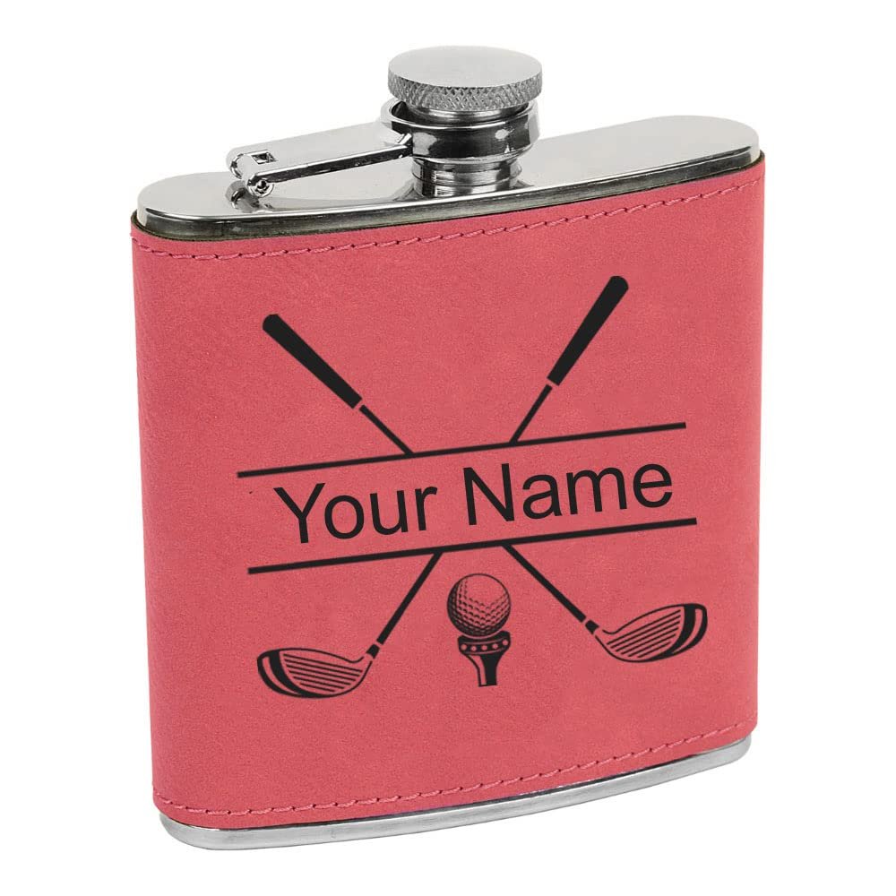 Personalized Golf Club Flask, Custom Golfing Birdie Juice Hip Faix Leather Leatherette Stainless Steel Metal Matte 6-Ounce Golf Bag Engraved Flask (Pink)