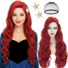 Wiggy Mermaid Wig + Starfish Hairpin Women Red Long Curly Wavy Cosplay Wigs Heat Resistant with Bangs Cap for Halloween Party Costume view 1