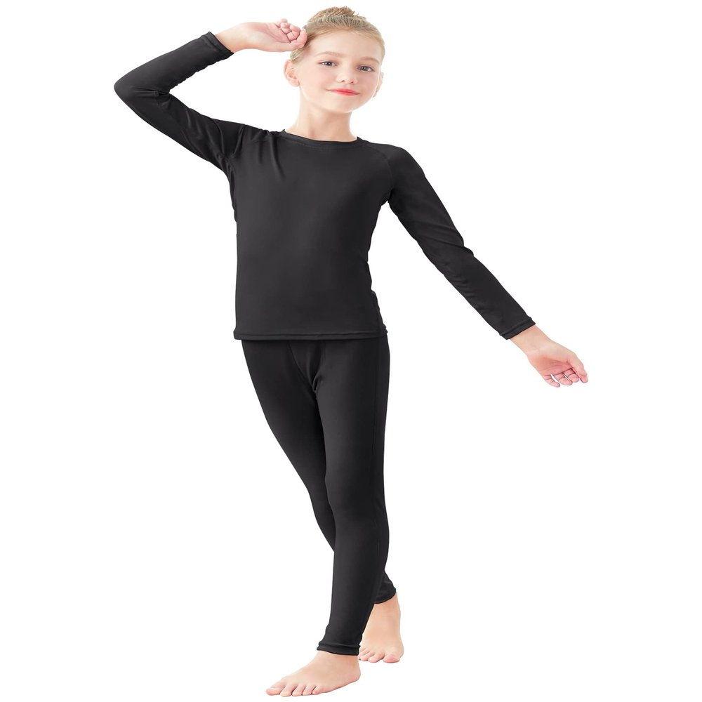 Daydance Black Girls Long John Set Kids Compression Thermal Underwear for Winter Sports, Dance, Skating, Basketball