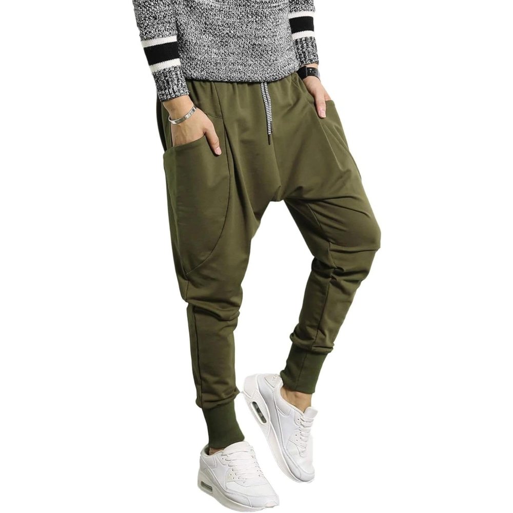 Men Drop Crotch Jogging Harem Pants Baggy Elastic Waist Hip Hop Sweatpants Hippie Ankle Length Sweats Trousers (ArmyGreen,3X-Large)