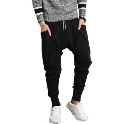 Maiyifu-GJ Men Drop Crotch Jogging Harem Pants Baggy Elastic Waist Hip Hop Sweatpants Hippie Ankle Length Sweats Trousers (Black,X-Large)