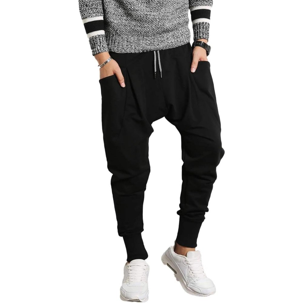 Maiyifu-GJ Men Drop Crotch Jogging Harem Pants Baggy Elastic Waist Hip Hop Sweatpants Hippie Ankle Length Sweats Trousers (Black,X-Large)