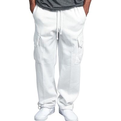 Maiyifu-GJ Men Fleece Heavyweight Cargo Pants Multi Pocket Elastic Waistband Sweatpants Solid Baggy Hip Hop Jogging Pants (White,Small)