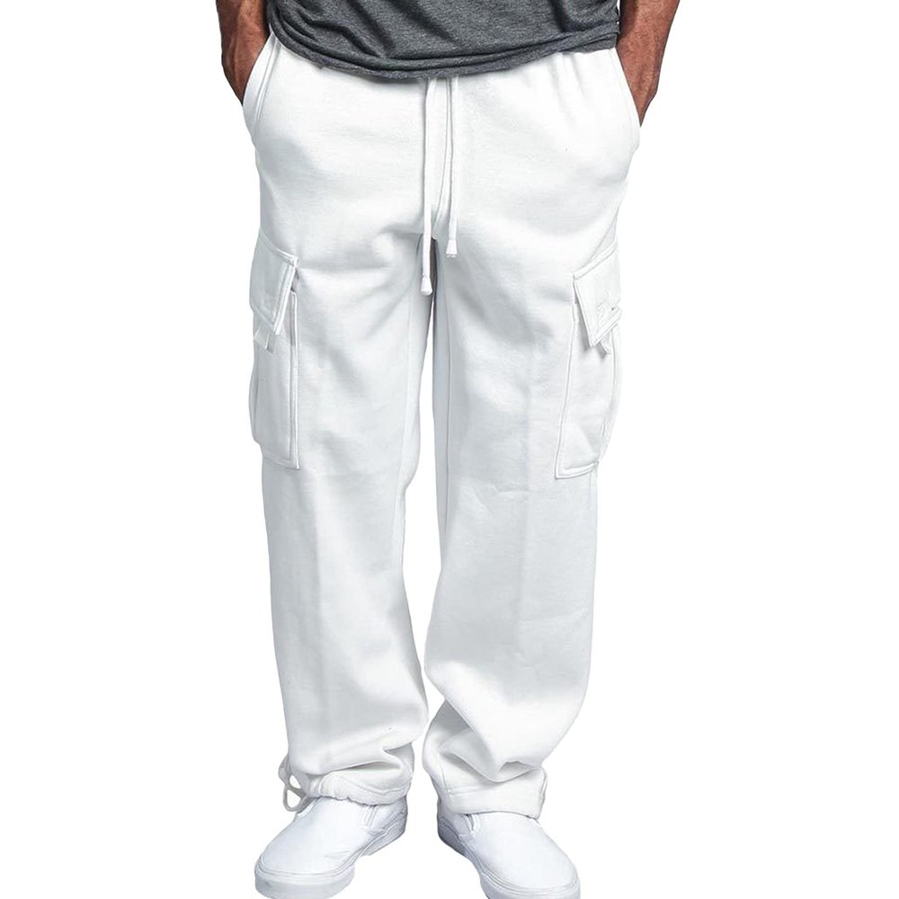 Maiyifu-GJ Men Fleece Heavyweight Cargo Pants Multi Pocket Elastic Waistband Sweatpants Solid Baggy Hip Hop Jogging Pants (White,Small)