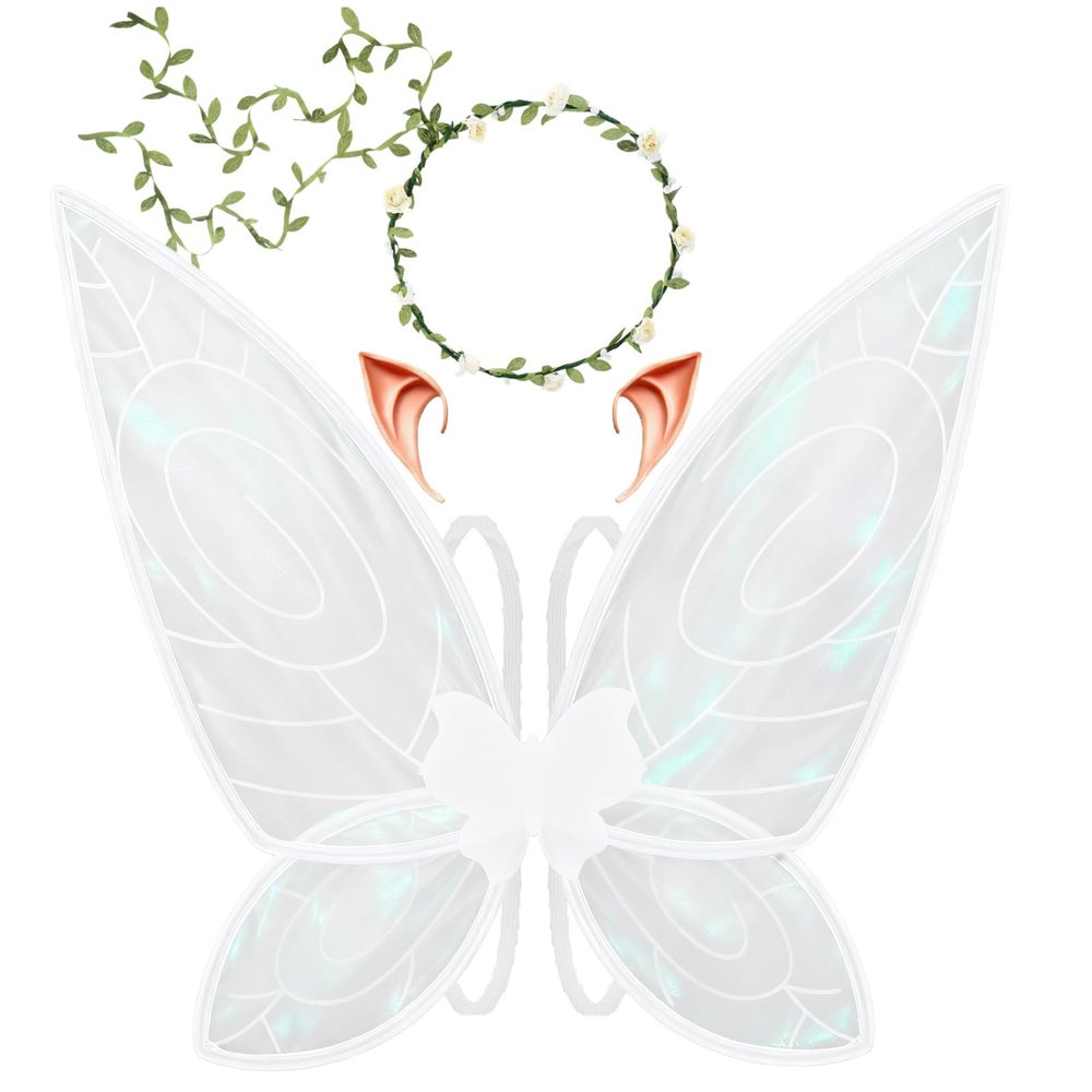 LOHZAQ Fairy Wings for Women Girls,25 "x16 Sparkling Butterfly Wings for Adults Fairy Costume Accessories Floral Headpiece,Elf Ears - Wings Cosplay,Party Favor Halloween Dress Up M White