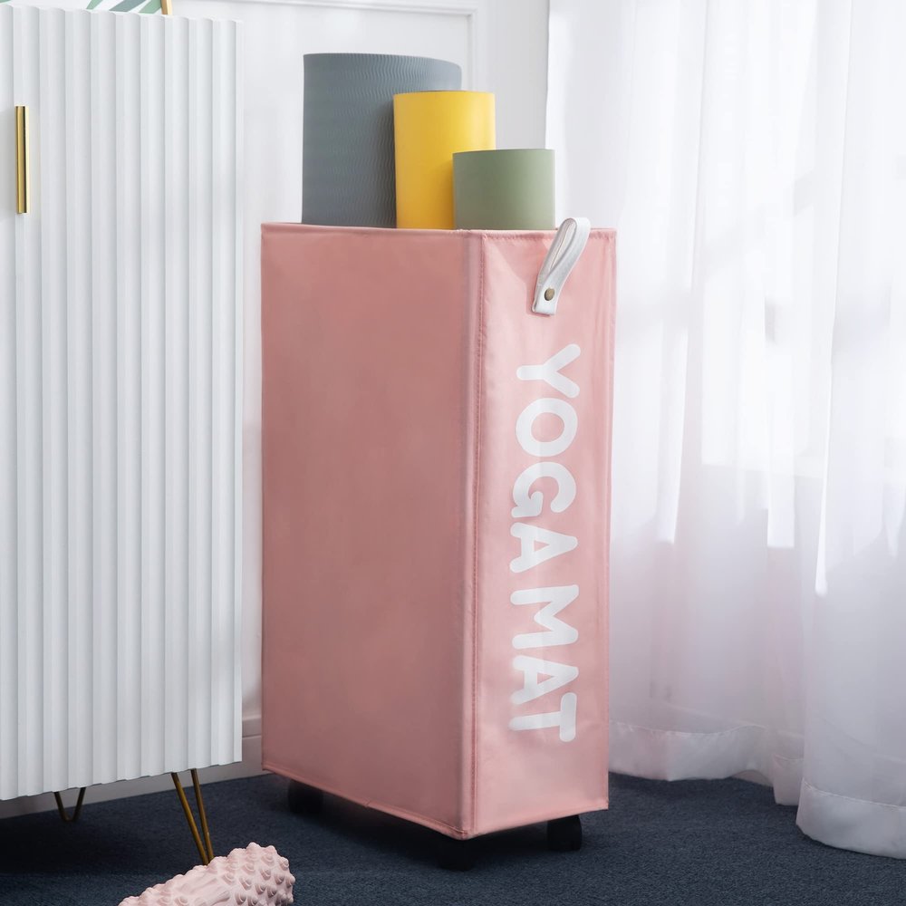 Twira Yoga Mat Storage Racks, Home Gym Storage Rack for Foam Roller, Yoga Strap and Resistance Bands, Workout Equipment Corner Yoga Mat Holder with WheelsPink
