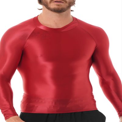 CHICTRY Men's Compression Sports Shirts Shiny Oil Slim Fit Muscle Tops Long Sleeve Workout Fitness Shirts Burgundy Medium
