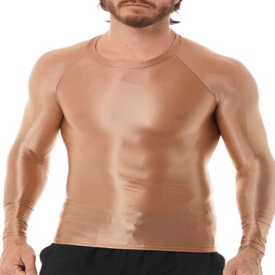 CHICTRY Men's Compression Sports Shirts Shiny Oil Slim Fit Muscle Tops Long Sleeve Workout Fitness Shirts Coffee Medium
