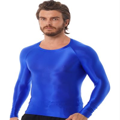 CHICTRY Men's Compression Sports Shirts Shiny Oil Slim Fit Muscle Tops Long Sleeve Workout Fitness Shirts Blue X-Large