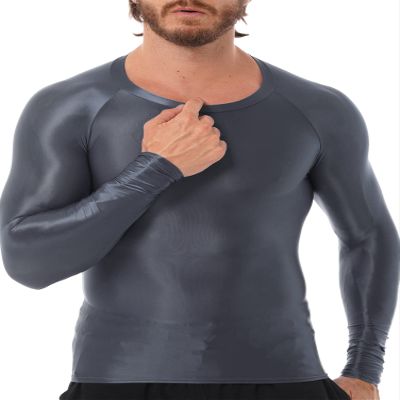 CHICTRY Men's Compression Sports Shirts Shiny Oil Slim Fit Muscle Tops Long Sleeve Workout Fitness Shirts Grey X-Large