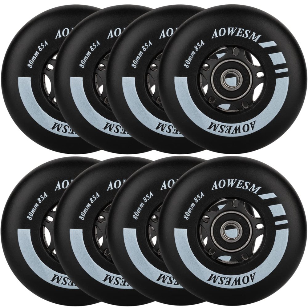 AOWESM Inline Skate Wheels 80mm 76mm 72mm 85a Outdoor Indoor Black Blue Red Roller Hockey Blades Replacement Wheels w/Bearings ABEC-9 and Floating Spacers (8-Pack) (Black, 72mm)
