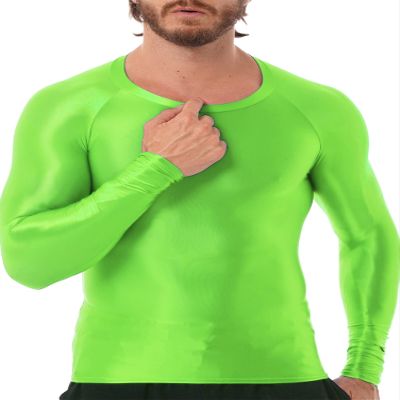 CHICTRY Men's Compression Sports Shirts Shiny Oil Slim Fit Muscle Tops Long Sleeve Workout Fitness Shirts Fluorescent Green Medium