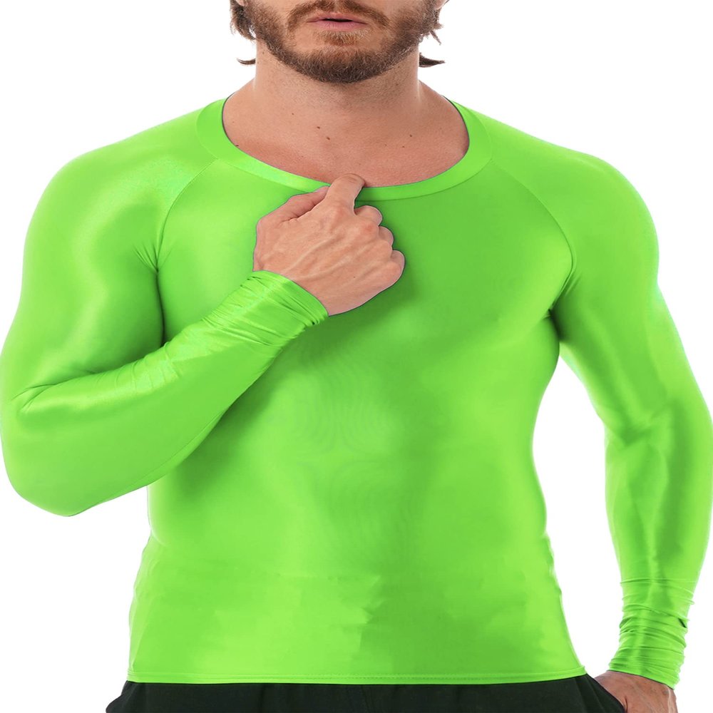 CHICTRY Men's Compression Sports Shirts Shiny Oil Slim Fit Muscle Tops Long Sleeve Workout Fitness Shirts Fluorescent Green Medium