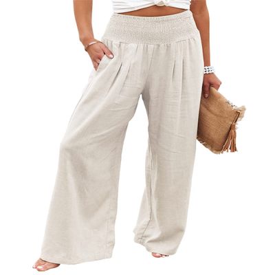 chouyatou Women's Smocked High Waisted Cotton Linen Wide Leg Pants Palazzo with Pockets (Large, Beige)