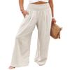 chouyatou Women's Smocked High Waisted Cotton Linen Wide Leg Pants Palazzo with Pockets (Large, Beige) view 1