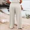 chouyatou Women's Smocked High Waisted Cotton Linen Wide Leg Pants Palazzo with Pockets (Large, Beige) view 2