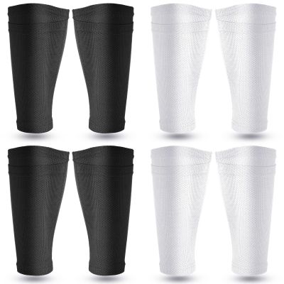 Soccer Shin Guards Sleeves 4 Pairs Flexible Soccer Shin Guard Leg Performance Support Polyester Soccer Shin Guard Sleeve Holder with Pocket for Soccer Sport (White, Black, M)