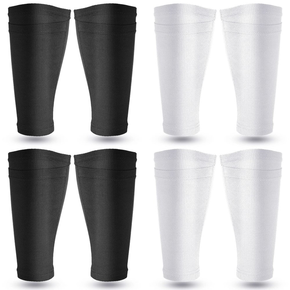 Soccer Shin Guards Sleeves 4 Pairs Flexible Soccer Shin Guard Leg Performance Support Polyester Soccer Shin Guard Sleeve Holder with Pocket for Soccer Sport (White, Black, M)