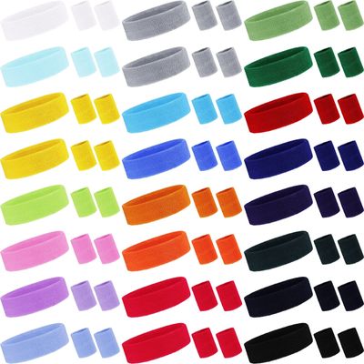 72 Pieces Sweatbands Set Including 24 Pcs Sports Headbands and 48 pcs Wristbands Cotton Sweat Band Colorful Cotton Sweatband Set for Men and Women