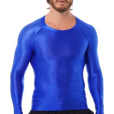YiZYiF Men's Spandex Satin Glossy Long Sleeve Top Shirt Sports Tights Bikini Yoga Sportswear Blue Large