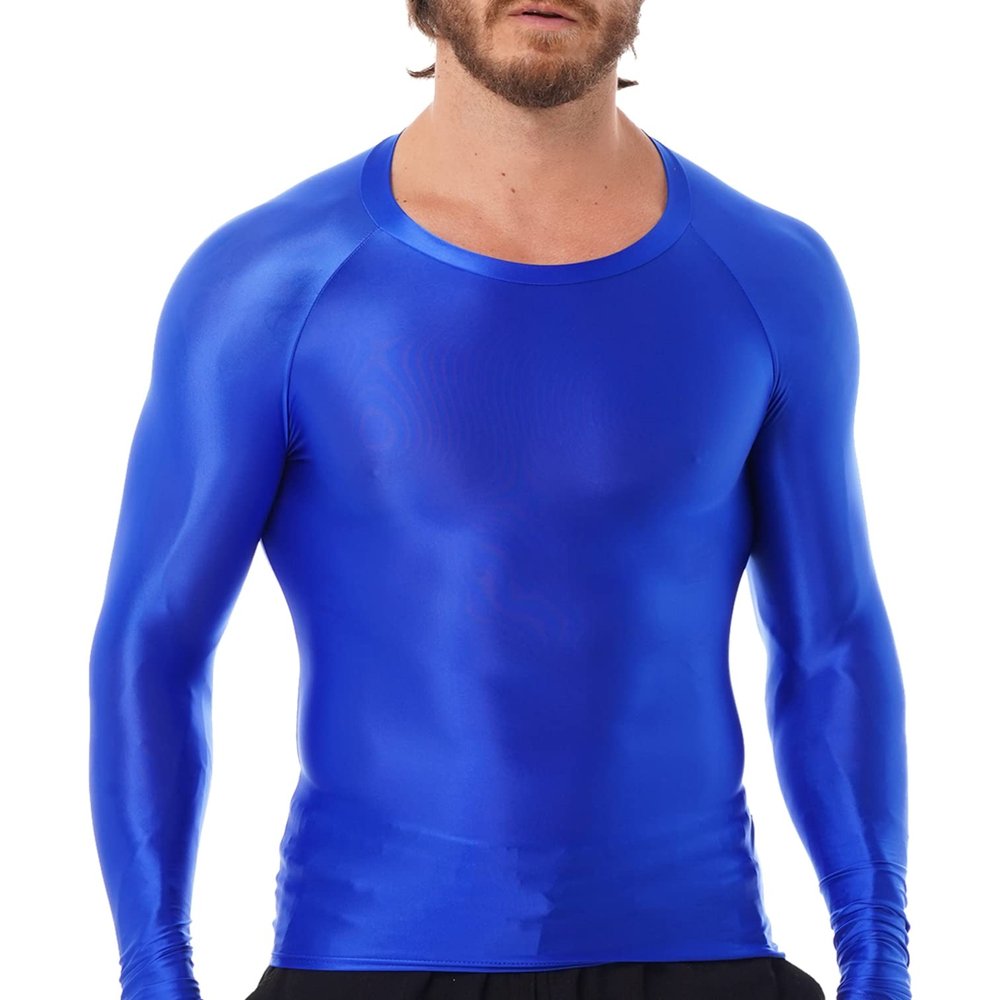 YiZYiF Men's Spandex Satin Glossy Long Sleeve Top Shirt Sports Tights Bikini Yoga Sportswear Blue Large