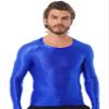 YiZYiF Men's Spandex Satin Glossy Long Sleeve Top Shirt Sports Tights Bikini Yoga Sportswear Blue Large view 2