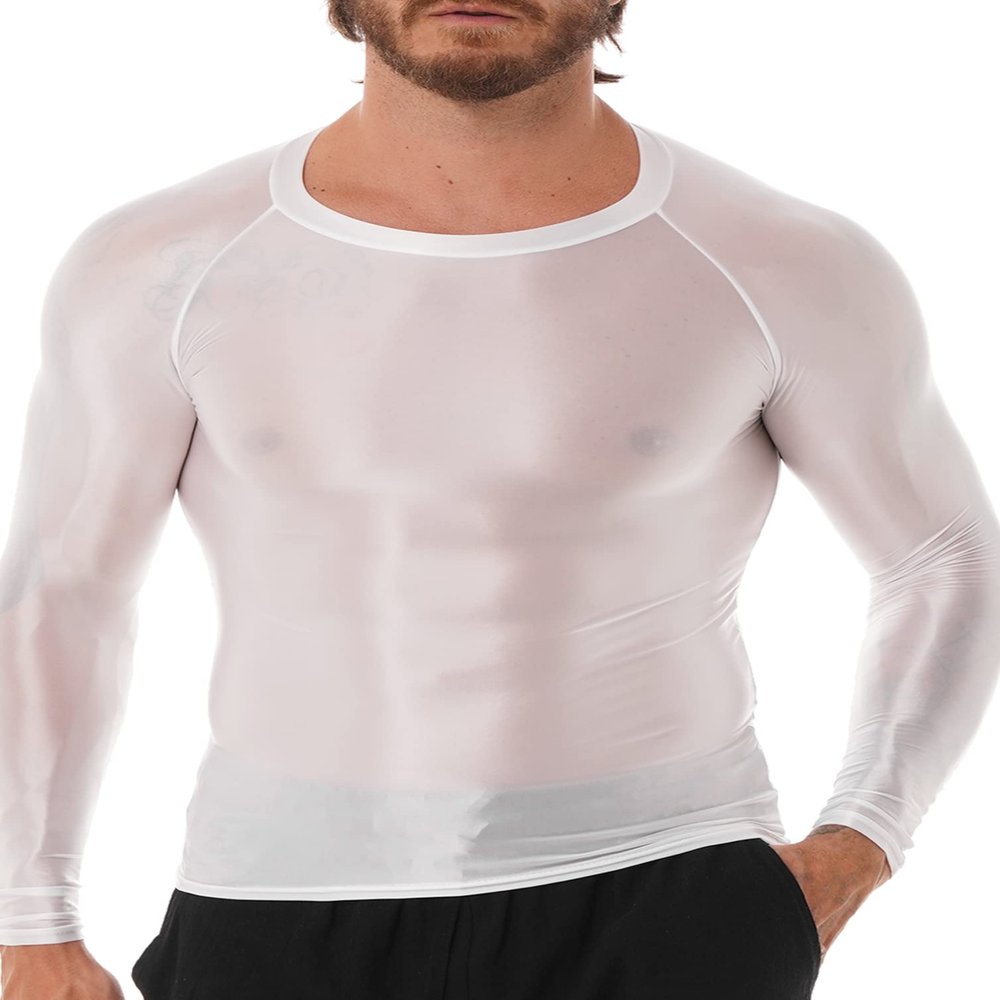 Linjinx Men's Shiny Long Sleeve Tights Tee Sportswear Gym Suit Transparent Compression T Shirt White X-Large