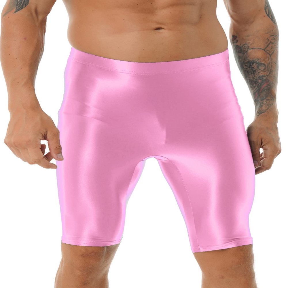 YiZYiF Men's Shiny Compression Breathable Stretchy Sports Bottoms See Through Trunks Swim Shorts Pink X-Large